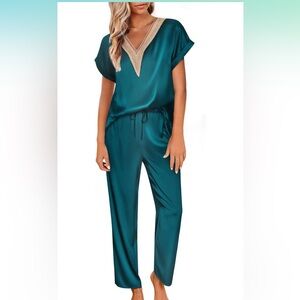 Lace v neck satin pajamas loungewear set